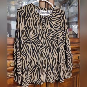 Zebra Print Women's Top Susan Graver Animal Print Liquid Knit Blouse Tan Black S